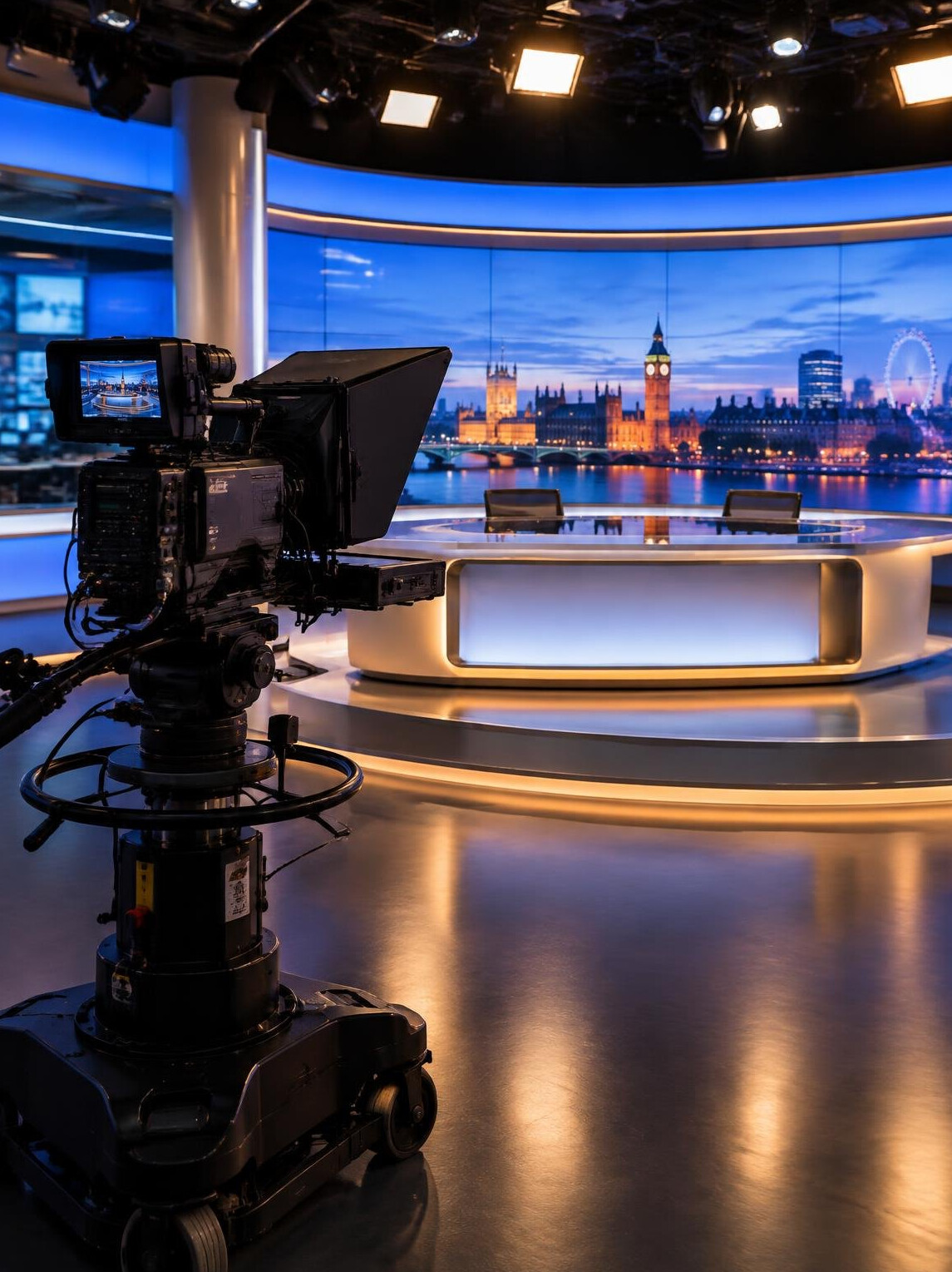 Television news studio with a presenter desk, studio camera on a pedestal and bright key lights