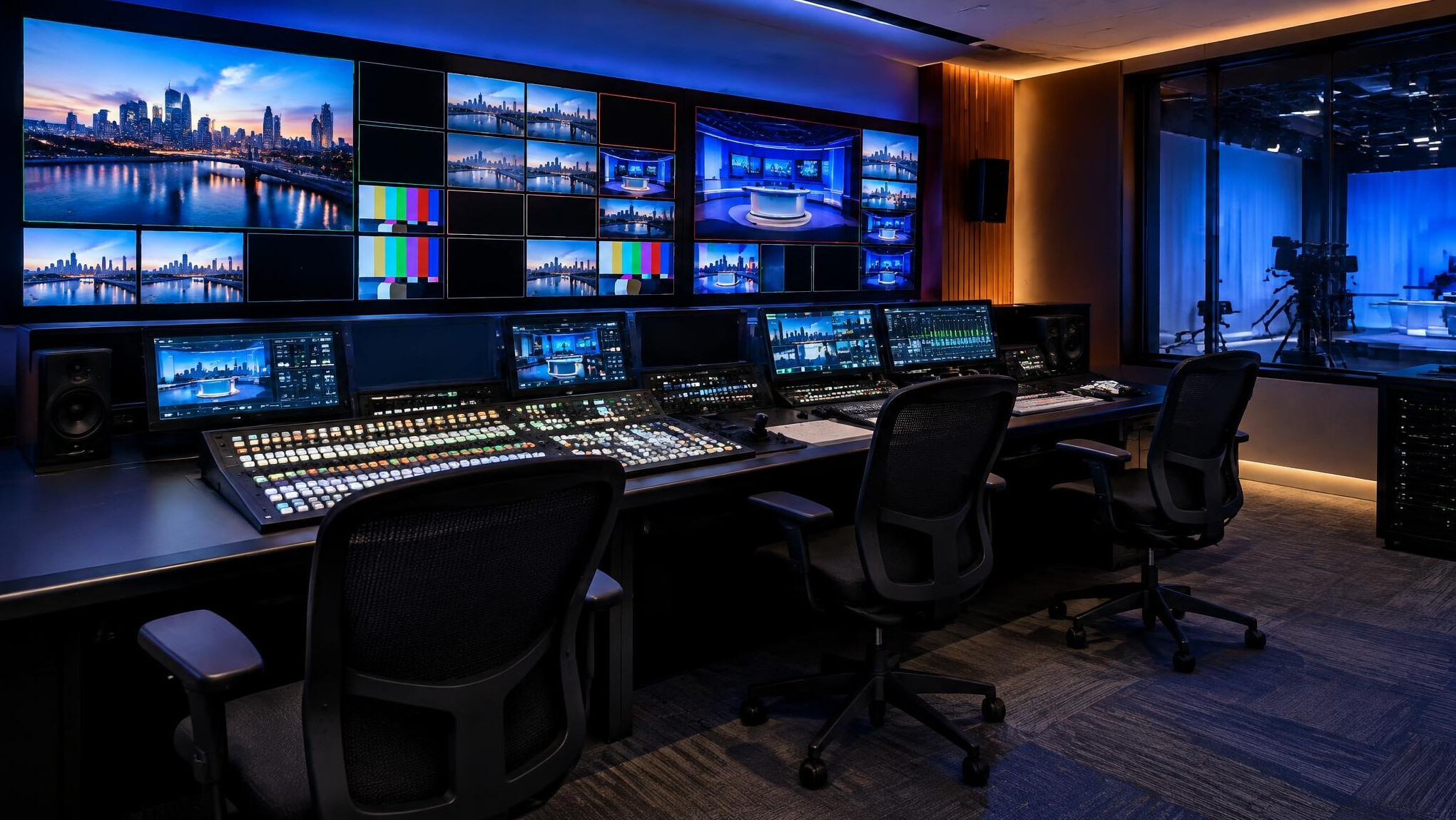 Television production control room with rows of multiview monitors