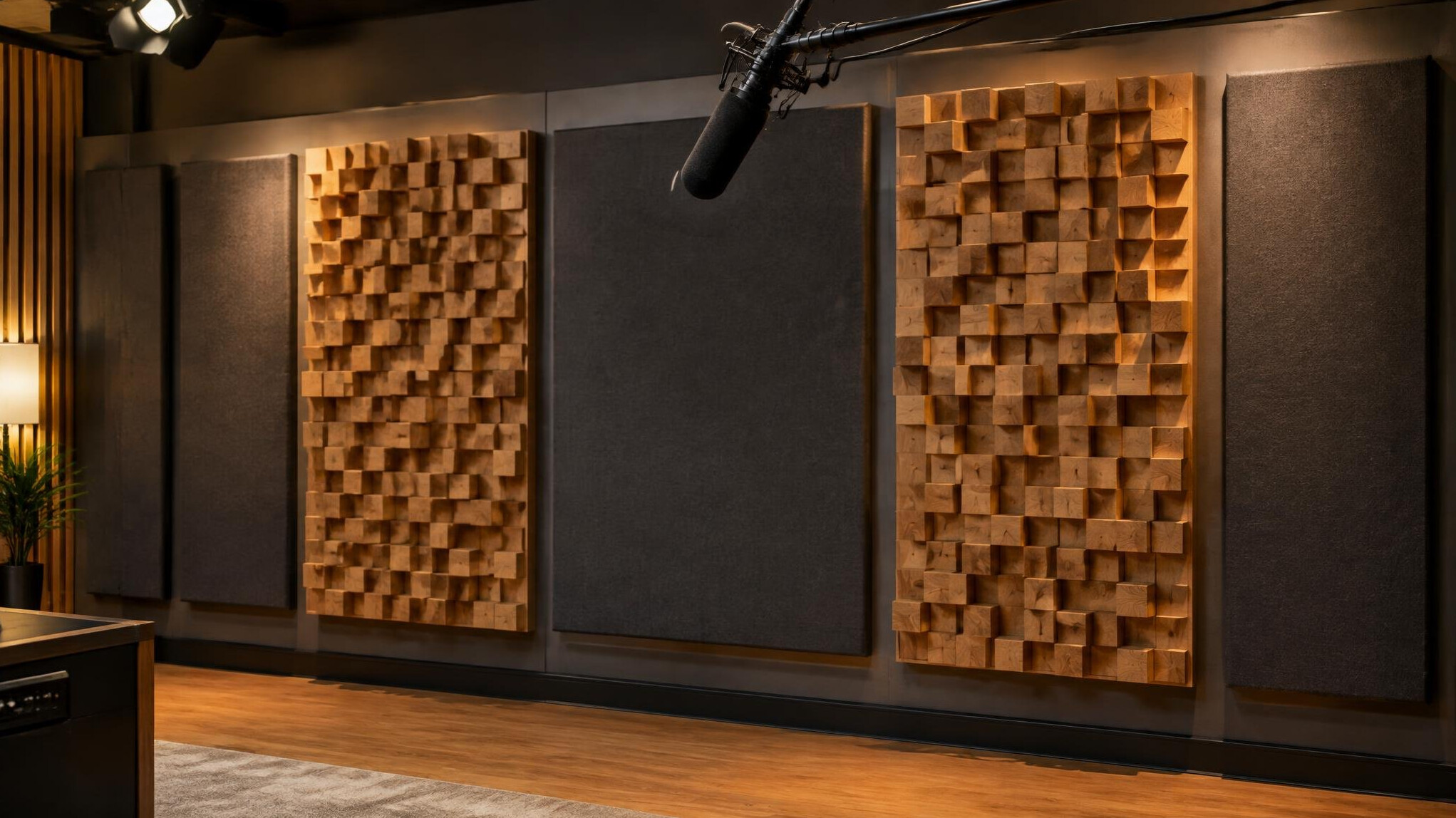Acoustic foam panels and bass traps on the walls of a television studio