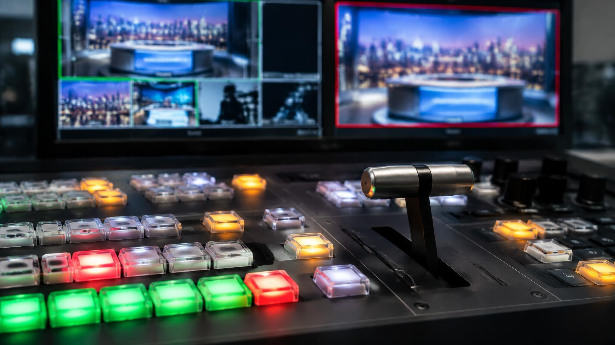 Vision mixer panel with illuminated buttons in a live production gallery