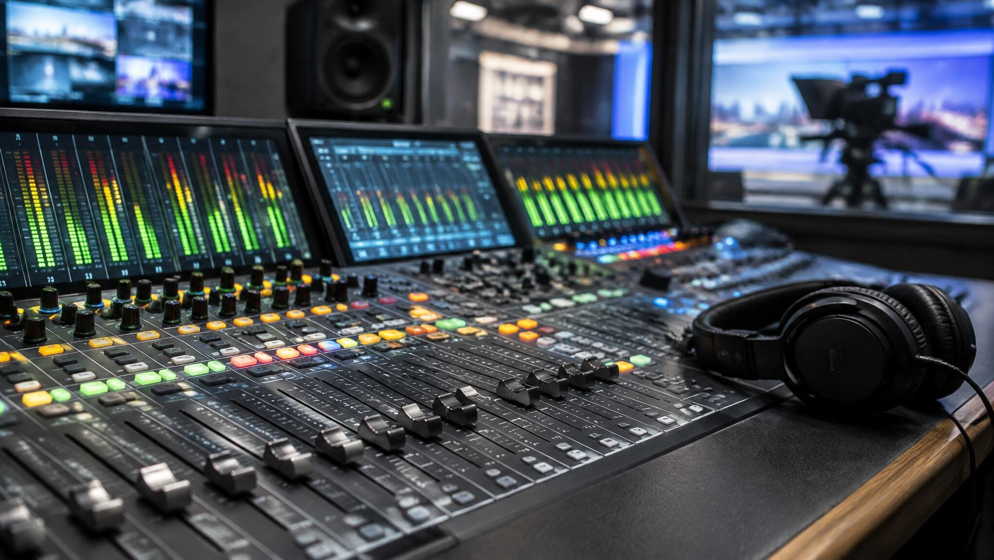 Audio mixing console in a broadcast sound gallery with faders and meters