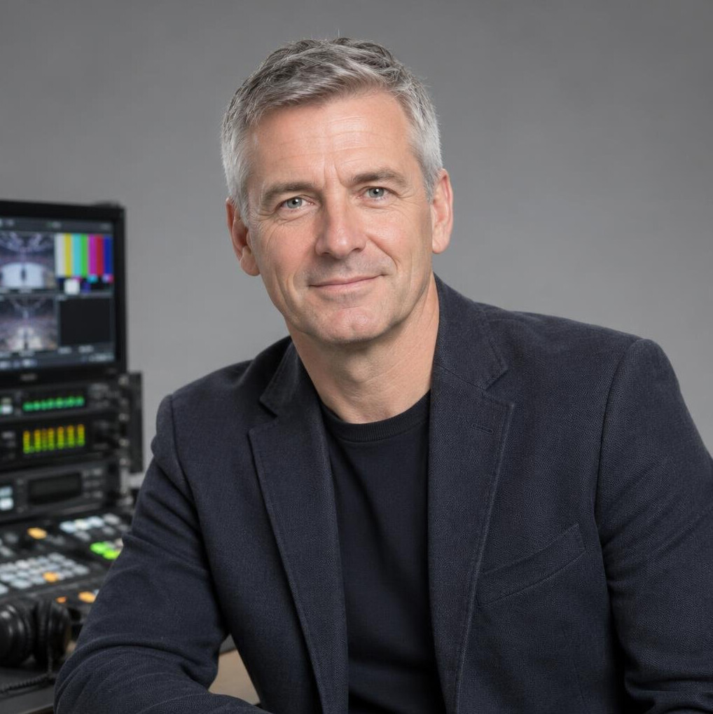 Portrait of a middle-aged man with short grey hair in a dark jacket in a studio