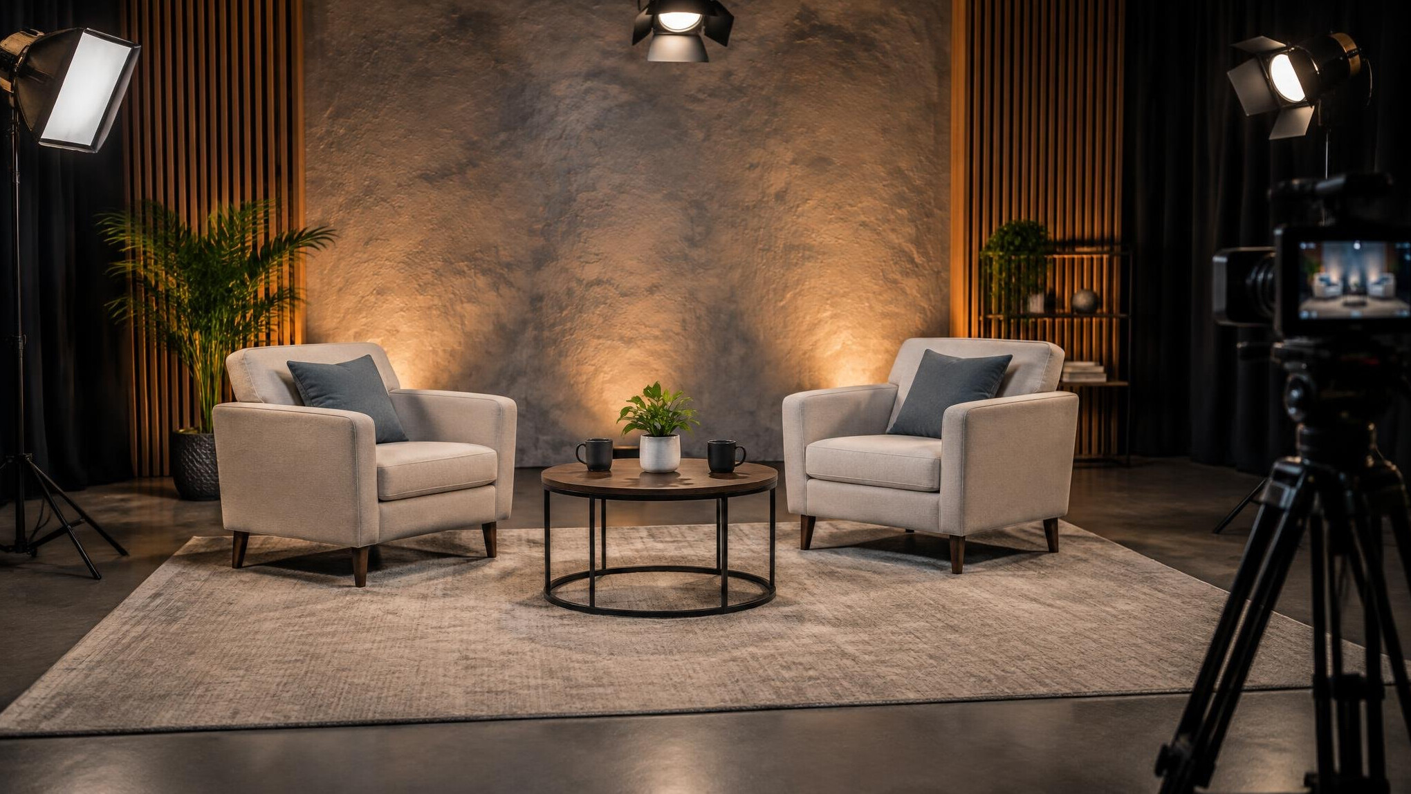 Two armchairs on a lit interview set with soft backlighting in a television studio